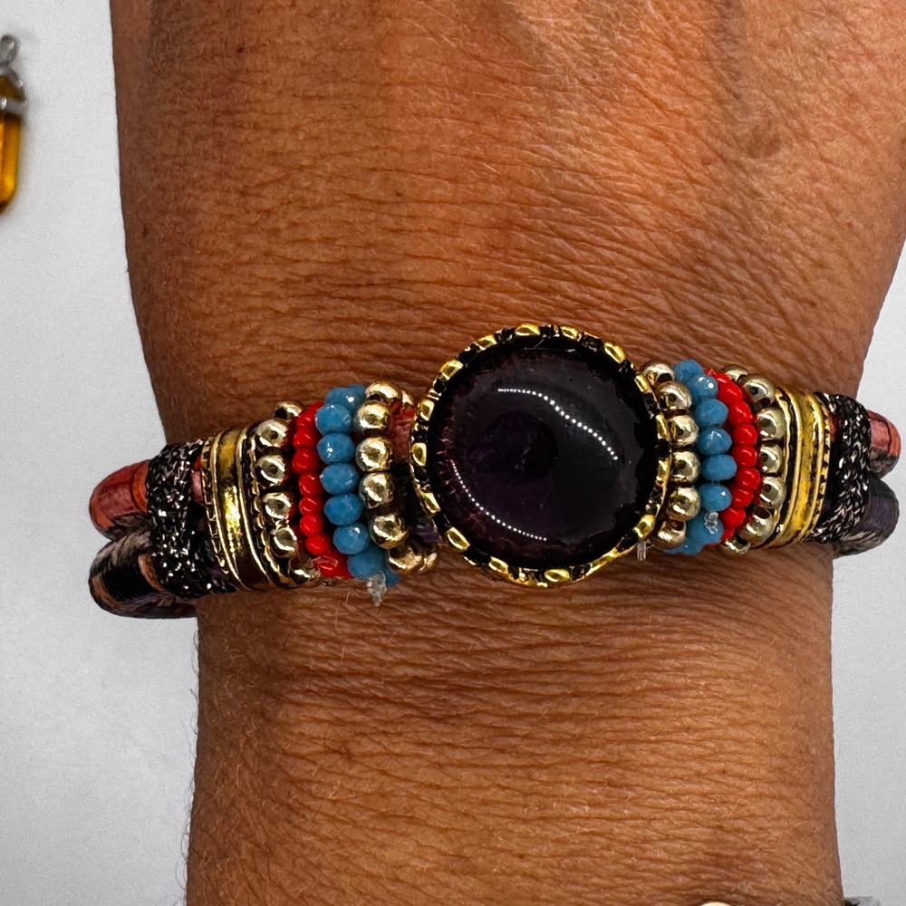 Laura Janelle Magnetic Wrap Bracelet Boho Multi Strand Beaded‎ Purple Cabochon